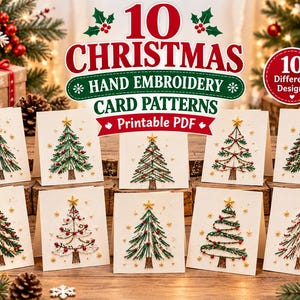 May include: Ten Christmas hand embroidery card patterns in a printable PDF format. The image displays ten folded white greeting cards, each featuring a unique embroidered Christmas tree design with green, red, and gold thread accents.