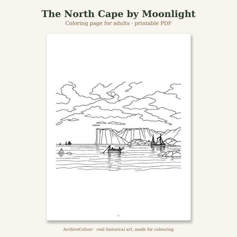 Moonlight Coloring Page for Adults | North Cape Norway Arctic Night ...