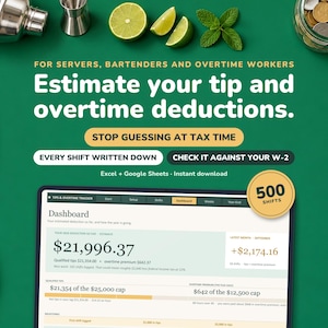 Tip & Overtime Tracker 2026 | Server Bartender Deduction Log (Excel + Google Sheets)