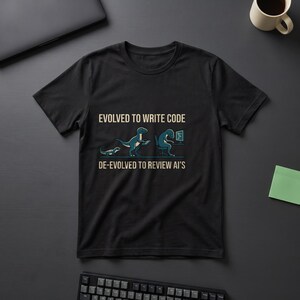 May include: A black short-sleeved t-shirt featuring a graphic of dinosaur evolution. The text reads EVOLVED TO WRITE CODE and DE-EVOLVED TO REVIEW AI'S. The illustration shows a lizard, a standing dinosaur, and a dinosaur sitting at a computer.