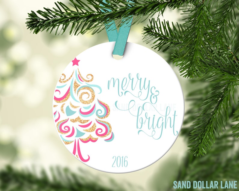 Christmas Ornament Merry And Bright Aqua Pink Gold White Etsy