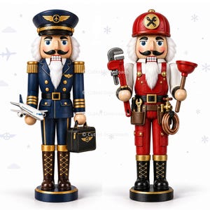 Könnte beinhalten: Zwei Nussknacker-Figuren: eine als Pilot in dunkelblauer Uniform mit einem Modellflugzeug und einem schwarzen Koffer, die andere als Klempner in roter Latzhose mit einer großen roten Rohrzange und einem Pümpel sowie Werkzeugen am Gürtel.