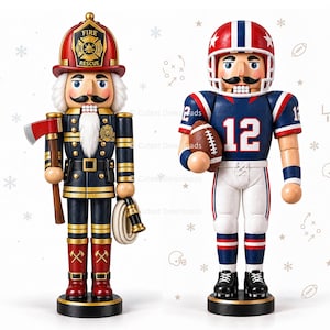 May include: Two nutcracker figures standing side by side. The left figure is a firefighter in a red helmet with a gold badge, holding an axe and a coiled hose. The right figure is a football player in a blue and white uniform with the number 12.