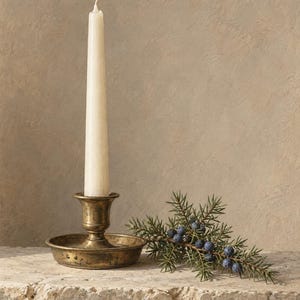 Puede incluir: Una vela cónica de color blanco roto se encuentra dentro de un candelabro de latón de estilo antiguo con una base circular ancha. Junto al candelabro hay una pequeña rama de enebro con agujas verdes y varias bayas pequeñas de color azul oscuro.