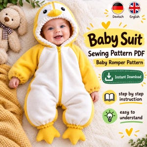 Peut inclure: Une barboteuse pour bébé à capuche jaune et blanche avec un motif de pingouin, une fermeture éclair frontale et des pieds intégrés. Le texte sur l'image indique Baby Suit Sewing Pattern PDF, Baby Romper Pattern, Instant Download, step by step instruction, et easy to understand.