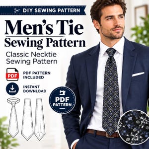 May include: A DIY sewing pattern for a necktie featuring text that reads DIY SEWING PATTERN, Men's Tie Sewing Pattern, Classic Necktie Sewing Pattern, PDF PATTERN INCLUDED, INSTANT DOWNLOAD, and PDF PATTERN. The image shows a tie with a dark floral pattern.
