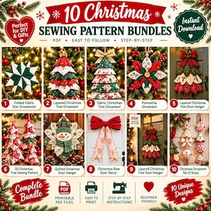 Op de afbeelding: Een digitale afbeelding met 10 kerstnaaipatronen, waaronder stoffen sterren, gelaagde bomen, kerststerren, een sneeuwpop-deurhanger en strikken. De tekst luidt 10 Christmas Sewing Pattern Bundles en PDF.