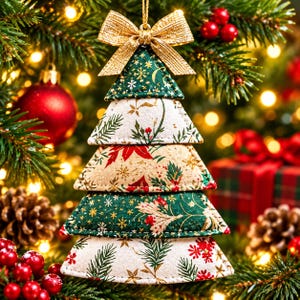 May include: A tiered fabric Christmas tree ornament featuring alternating layers of dark green and cream-colored fabric with printed patterns of poinsettias, pine needles, and gold snowflakes, topped with a shimmering gold fabric bow.
