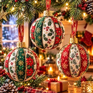 May include: Three spherical fabric ornaments featuring alternating panels of red, green, and white fabric with printed patterns of poinsettias, holly berries, and gold snowflakes. Each ornament is topped with a gold cap and a red ribbon hanger.