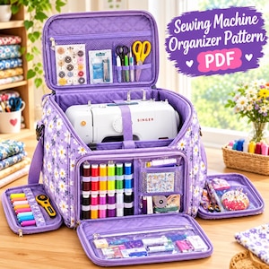 May include: A purple quilted sewing machine organizer bag with a white daisy print. The open bag contains a white Singer sewing machine, multiple spools of colorful thread, scissors, needles, and various sewing notions in clear pockets.