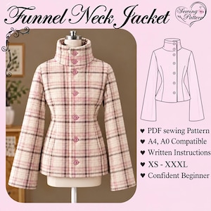 Könnte beinhalten: Ein Schnittmuster für eine Jacke mit Trichterkragen aus rosa, cremefarbenem und schwarzem Karostoff mit Knopfleiste. Das Bild enthält eine technische Zeichnung, den Text Funnel Neck Jacket sowie Angaben zu PDF-Schnittmuster, A4, A0-kompatibel, schriftliche Anleitung, Größen XS-XXXL und fortgeschrittene Anfänger.