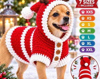 May include: A red and white crocheted pet sweater with a hood featuring brown reindeer antlers and a white pom-pom. The sweater has three brown buttons down the front and white trim. Text on the image indicates 7 SIZES INCLUDED from XXS to XXL.