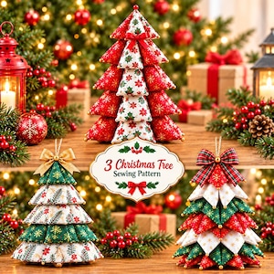 May include: Three fabric Christmas tree ornaments featuring layered, quilted triangular segments in red, white, and green patterns. Each tree is topped with a decorative bow. A central label displays the text 3 Christmas Tree Sewing Pattern.