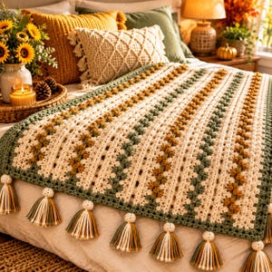 May include: A crocheted throw blanket featuring alternating vertical stripes of cream, sage green, and mustard yellow yarn. The blanket has a textured bobble stitch pattern and is finished with decorative multi-colored yarn tassels along the edge.