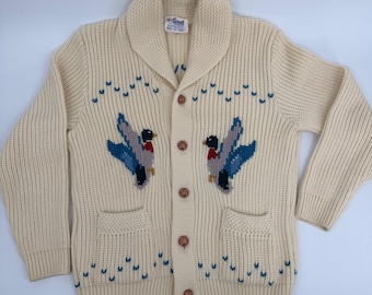 Suéter Caldwell Cowichan Mallard Duck Knit Vintage anos 70 Masculino Tamanho Grande Creme Branco