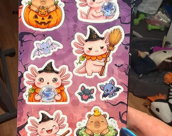 Axolotl Capybara Halloween Stickers | Witchy Pumpkin Cauldron (Waterproof)