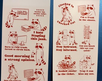 Sarcastic Raccoon Office Stickers | Retro Rust-Red Illustrations (Set of 2)