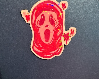 Hand Drawn Ghost Face Holographic Sticker | Halloween Horror Vinyl (1.94 x 2.16 inches)
