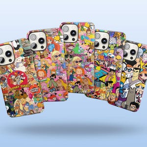 May include: Five smartphone cases featuring a vibrant collage of various animated cartoon characters from multiple television series. Each case displays a unique arrangement of colorful figures, including Looney Tunes, Powerpuff Girls, and Dexter.