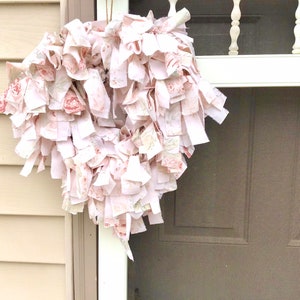 Blush pink floral fabric hand torn heart wreath Valentine’s Day wedding