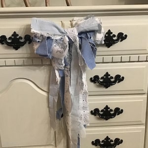 Shades of Blue shabby farmhouse cottage core fabric rag bow with tails