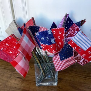 Patriotic Primitive  Americana shabby prim rustic fabric flags hand made rag flags tier tray plant pokes