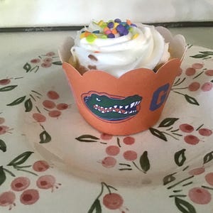 May include: A cupcake with white frosting and colorful sprinkles sits in an orange cupcake liner with a green alligator logo. The cupcake rests on a white plate decorated with pink berries and green leaves.