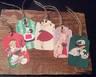 Retro images of Christmas women gift tags
