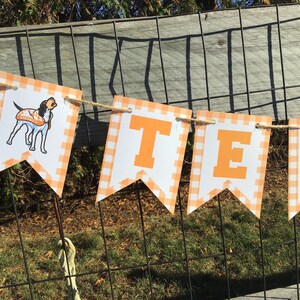 May include: A decorative banner featuring pennant-shaped flags strung on twine. Each flag has an orange and white checkered border. The first flag displays a cartoon dog wearing a vest labeled SMOKEY, followed by flags with the orange letters T, E, and N.
