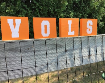 Puede incluir: Cuatro bloques de madera naranja con letras blancas que deletrean "VOLS" en una valla de alambre negro.