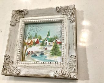 Mini small tiny framed print of seasonal Winter Christmas flowers, holidays, etc. scene tier tray, mantle, shelf