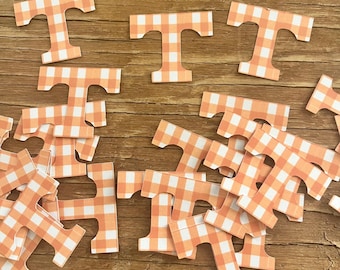 University of Tennessee T confetti. Orange and white gingham.  Officially licensed
