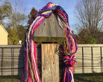 Art yarn knotted scarf shades of purple pink cream blue boho cottage core OOAK unique