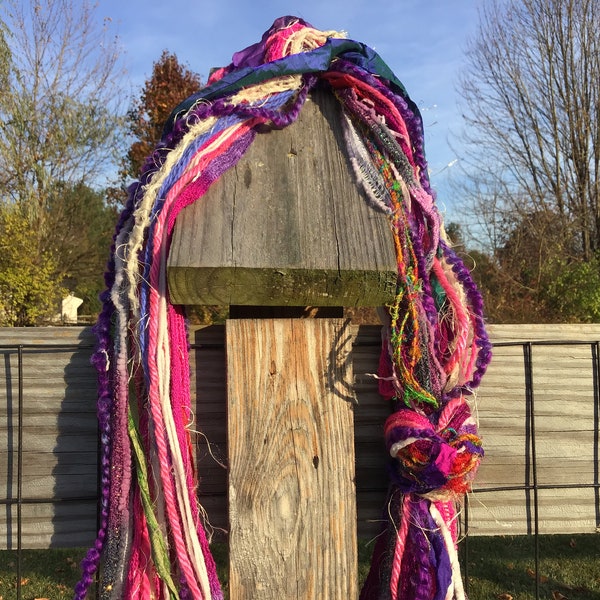 Art yarn knotted scarf shades of purple pink cream blue boho cottage core OOAK unique