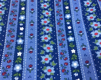 Fabric blue with white and blue flowers and stripes heavy cotton yardage