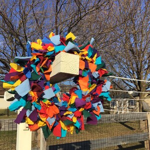 Colorful rainbow multi color hand tied fabric scrappy wreath
