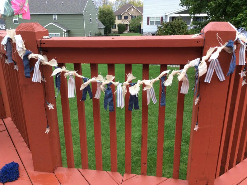 ticking and burlap hand tied shabby Garland Denim