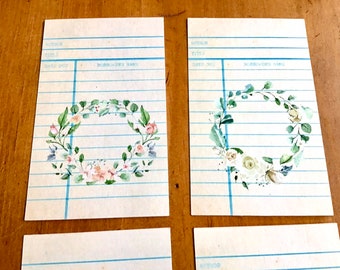 Vintage inspired library cards  with printed  floral wreaths