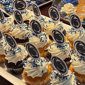 May include: A platter of cupcakes decorated with white frosting and blue and white sprinkles. Each cupcake has a small pennant with a black and white logo on top.