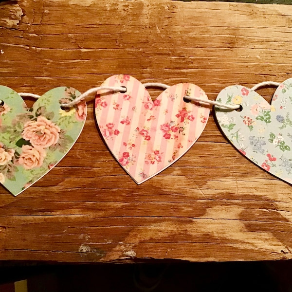 Shabby vintage inspired Valentine’s Day floral hearts garland banner