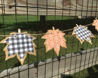 Autumn Fall leaves garland Buffalo check orange