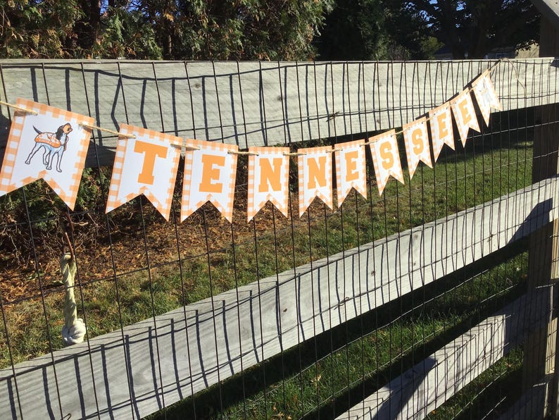 May include: A banner with the word "TENNESSEE" in orange letters on white pennants with an orange and white checkered border. The banner is strung across a wooden fence with a wire mesh backing. The first pennant has a dog illustration.