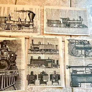 Vintage trains printed on vintage dictionary pages