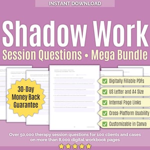 Könnte beinhalten: Ein digitales Arbeitsbuch-Paket mit dem Titel Shadow Work Session Questions Mega Bundle auf violettem Hintergrund. Es enthält weiße Seiten mit Text, ein gelbes Stern-Abzeichen mit 30-Day Money Back Guarantee und fünf grüne Häkchen-Labels.