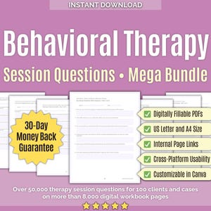 以下が含まれることがあります： 紫色の背景に「Behavioral Therapy Session Questions Mega Bundle」と題されたデジタルワークブックのセット。書き込み用の線が入った白いページ、黄色の「30-Day Money Back Guarantee」の星型アイコン、緑色のチェックボックスが表示されています。