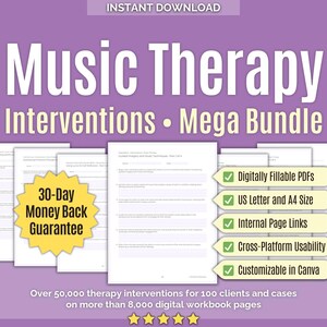 Könnte beinhalten: Ein digitales Music Therapy Interventions Mega Bundle Arbeitsbuch-Set auf violettem Hintergrund. Zu den Merkmalen gehören ausfüllbare PDFs, US Letter- und A4-Formate, interne Seitenlinks und Anpassungsmöglichkeiten in Canva.