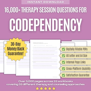 Codependencia • Paquete completo de preguntas para sesiones de terapia • Indicaciones, asesoramiento, cliente, hojas de trabajo