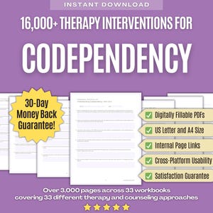 Könnte beinhalten: Ein digitales Download-Set mit über 16.000 Therapieinterventionen für Co-Abhängigkeit in 33 Arbeitsbüchern und 3.000 Seiten. Die violette Grafik enthält einen Stern mit 30-Tage-Geld-zurück-Garantie, fünf gelbe Sterne und eine Liste.