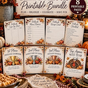 May include: A fall-themed printable bundle featuring eight pages including a sign-up sheet, menu planner, recipe card, checklist, and four award certificates for a potluck. The designs feature autumn leaves, pumpkins, and text in brown ink.