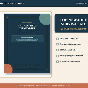 Könnte beinhalten: Ein 16-seitiges druckbares PDF mit dem Titel The New-Hire Survival Kit, mit einem dunkelblauen Einband mit goldenem Text, einer Willkommensnachricht und einer Checkliste mit Dokumentationsleitfaden, Übergabeprotokoll und 30-Tage-Tracker.